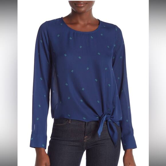 Socialite | Blue Cactus Print Tie Front Blouse Size S NWOT - Picture 1 of 12